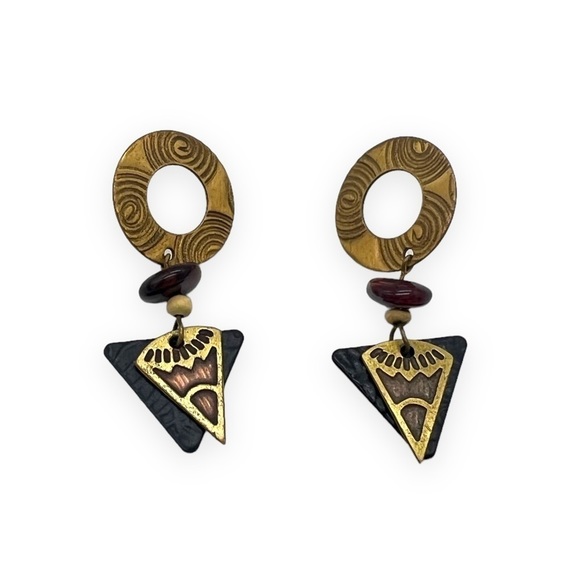 Southwestern Abstract Brass Stamped Dangle Earrings - Picture 1 of 6